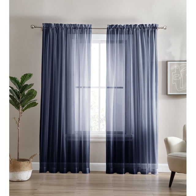 Sheer Window Panel Curtain- 2 Pack in blue with rod pocket design for easy hanging. Crafted from sheer voile fabric, these panels softly filter natural light while enhancing privacy. Ideal for living spaces and often used as decorative room dividers.