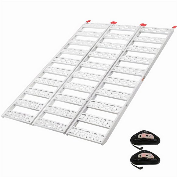 Rampe de Moto en Aluminium Argentée de 1500 Lb à Trois Volets avec Manchon en Caoutchouc, Rampe de Chargement Pliante 76 Pouces X 50 Pouces pour Camions Pickup, VTT, Motos hors Route et Tondeuses