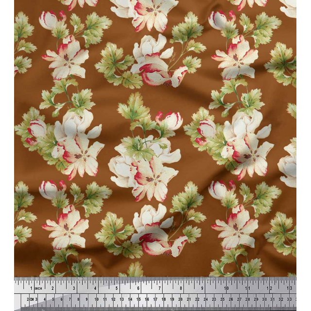 Soimoi Poly Georgette Fabric Leaves & Magnolia Floral Decor Fabric Printed Yard 52 Inch Wide