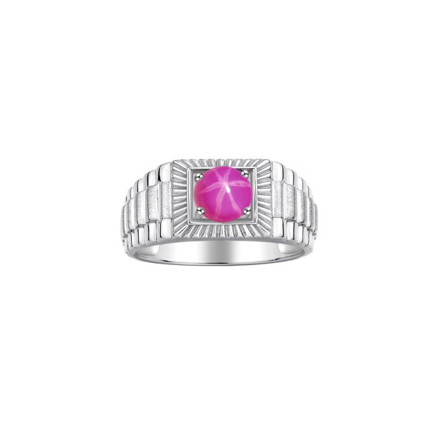 RYLOS Men's Ring 14K White Gold Ring, 7MM Round Shape Gemstone Designer Style Rings Star Ruby July Birthstone Rings Gold Size 8