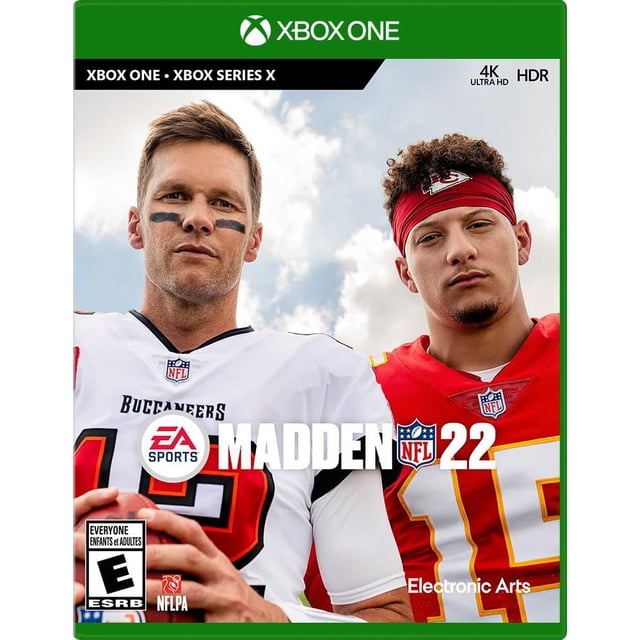 Madden NFL 22 (XB1) Xbox One video game cover featuring two NFL players, one in a white Tampa Bay Buccaneers jersey holding a football and the other in a red Kansas City Chiefs jersey, set against a partly cloudy sky with Xbox One and 4K Ultra HD HDR logos.