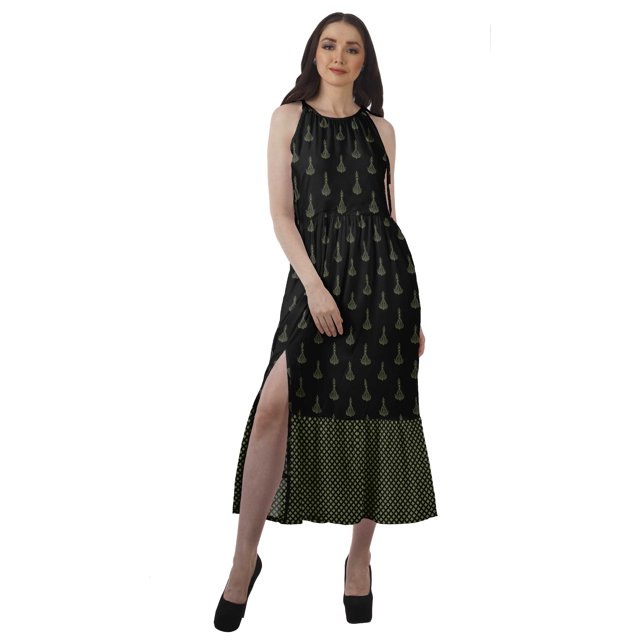 Moomaya Robe de Vacances pour Femmes en Rayonne, Col Licou, Sans Manches, Fente avant, Robe Imprimée