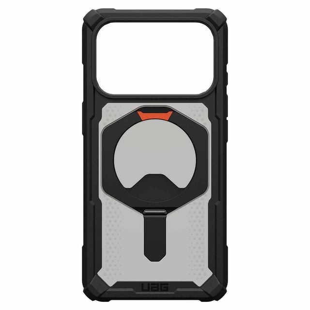 UAG Plasma XTE MagSafe Rugged Case Black/Pop Orange for iPhone 17 Pro front view of a black and grey featherlight composite case with built-in circular kickstand accented in pop orange, reinforced airsoft corners for 20 ft drop protection, textured back, and MagSafe wireless charging compatibility, suitable for hands-free viewing and advanced impact resistance.