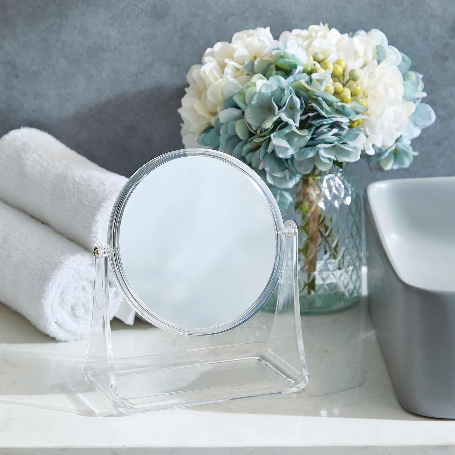 Mainstays Clear Double-Sided Vanity Mirror, 1 vanity mirror with plastic frame and plastic tray, 1x and 3x magnification