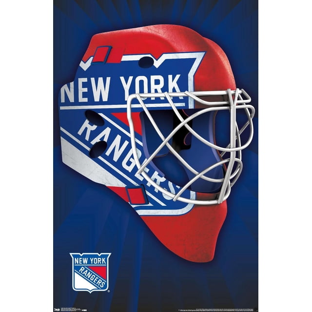 NHL New York Rangers - Mask 16 Wall Poster, 22.375" x 34" showing a front-facing hockey goalie mask with the New York Rangers logo in red, white, and blue, featuring a silver metal cage on a dark blue background with radiating lines, ideal for sports-themed wall art.