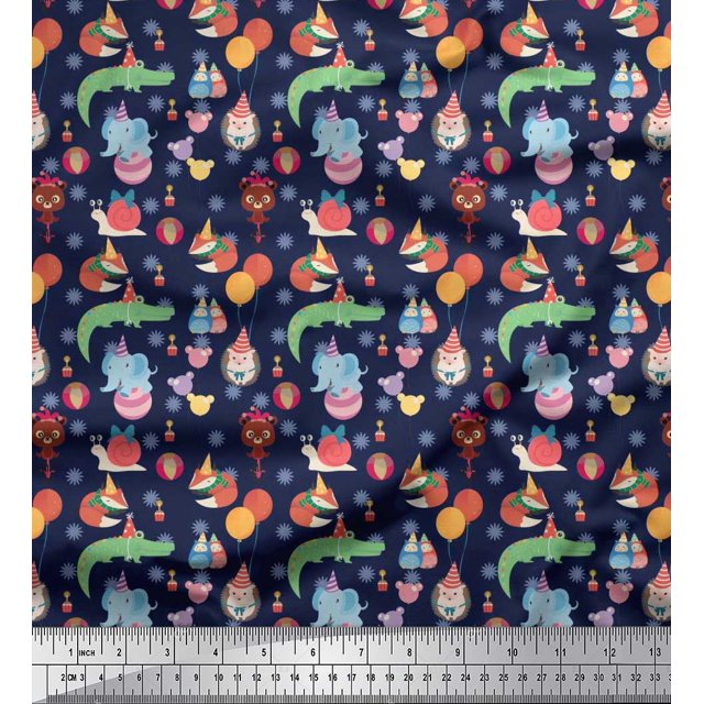 Soimoi Poly Georgette Fabric Balloon & Cute Animals Kids Print Fabric by Yard 42 Inch Wide