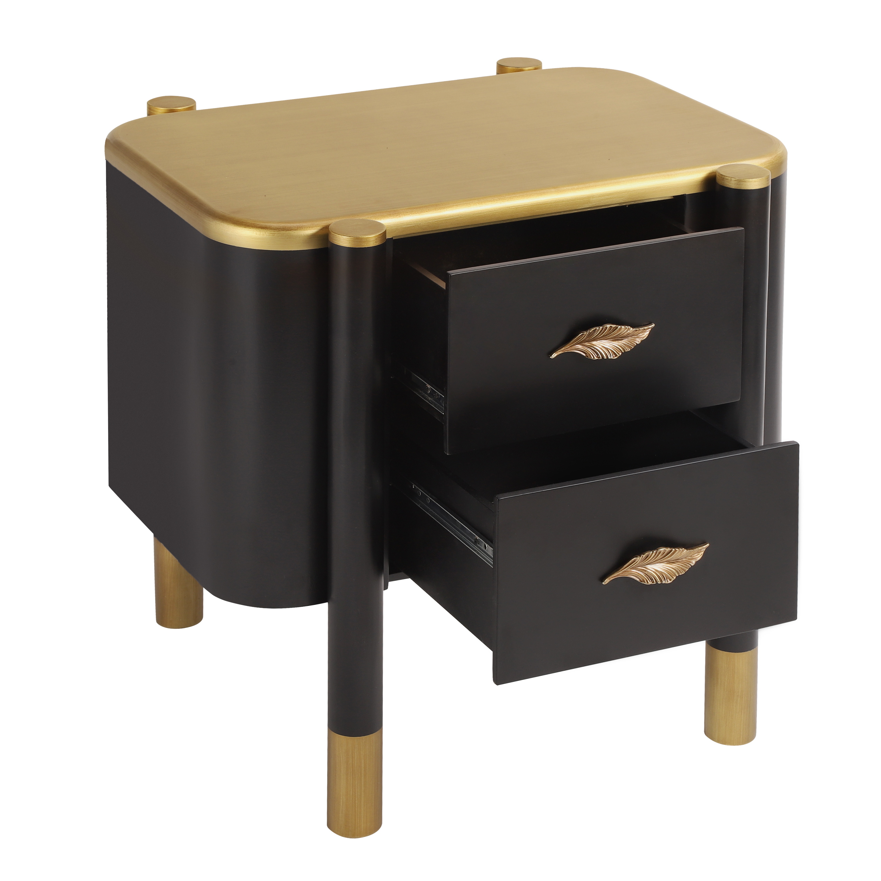 Noble House Contemporary Nightstand with 2 Drawers,Curved Profile Design & Feather-Shaped Metal Handles,for Bedroom,Black