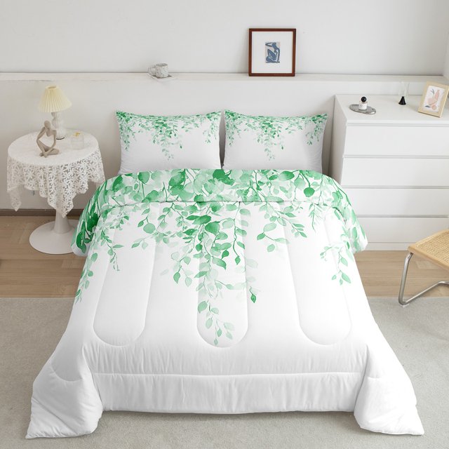 Erosebridal Botanical Leaves Bedding Queen Comforter Set, Flower Plant Down Comforter, Leaf Print Decor, Ultra Soft 3 Pieces