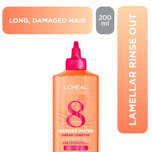 Oréal Paris Dream Lengths L' Traitement Capillaire à l'Eau Merveilleuse en Bouteille orange de 200 ml avec Embout Rose, Conçu pour les Cheveux Longs et Abîmés. Cette Formule Lamellaire à Rinçage Démêle et Fortifie les Cheveux 15x en 8 Secondes Sans Alourdir.