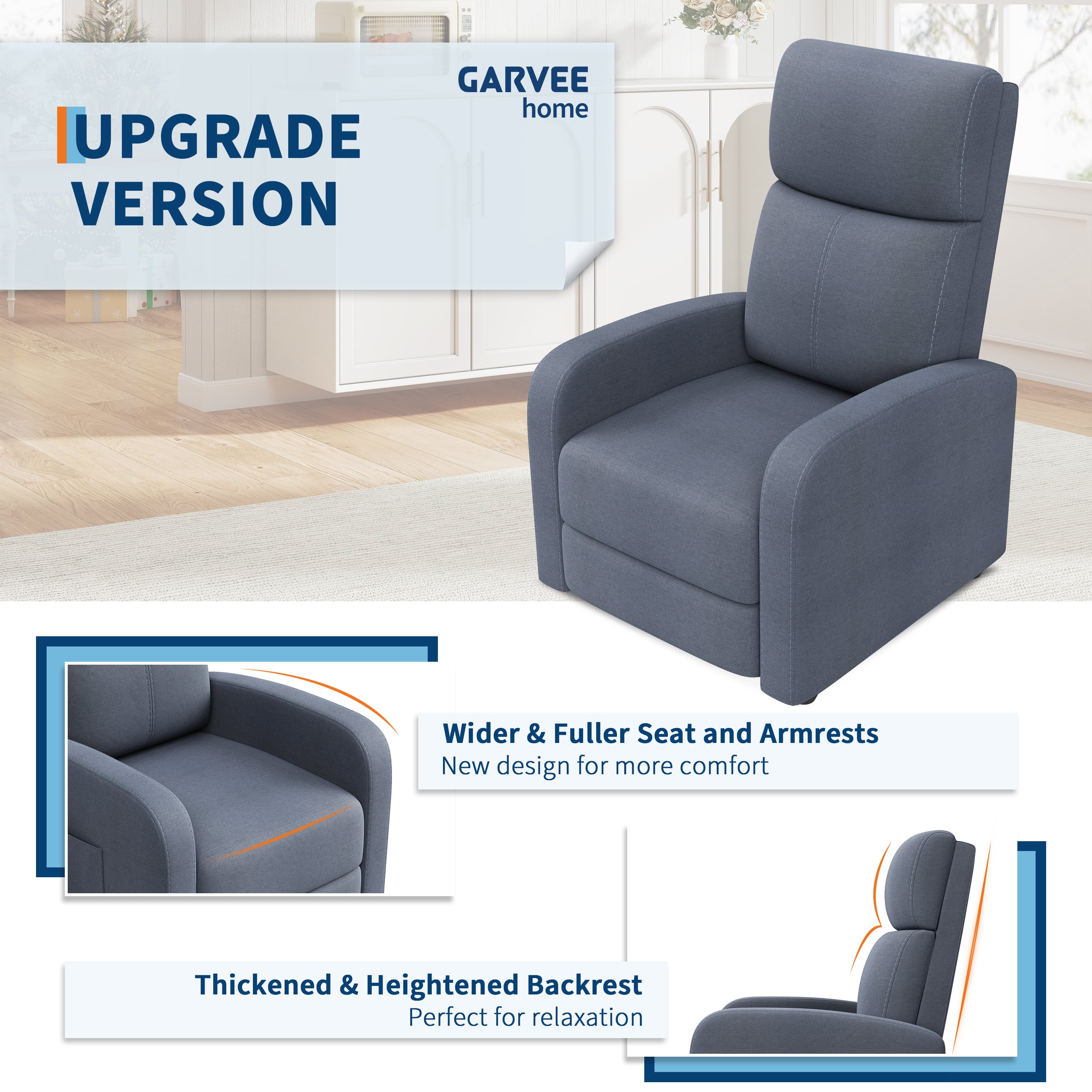 AKDSteel Ergonomic Manual Recliner Chair, High Back Single Sofa With Soft Cushion, Wide Arms, And Side Pocket