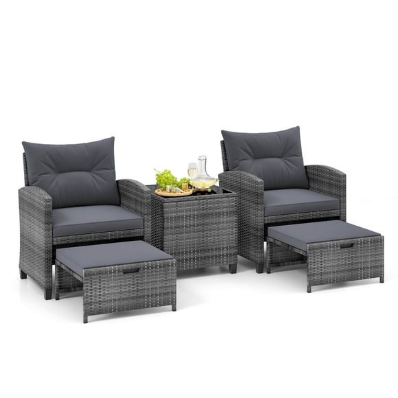 Costway Ensemble de 5 Pcs en Rotin pour Patio avec 2 Ottomans et Table Basse en Verre Trempé Gris