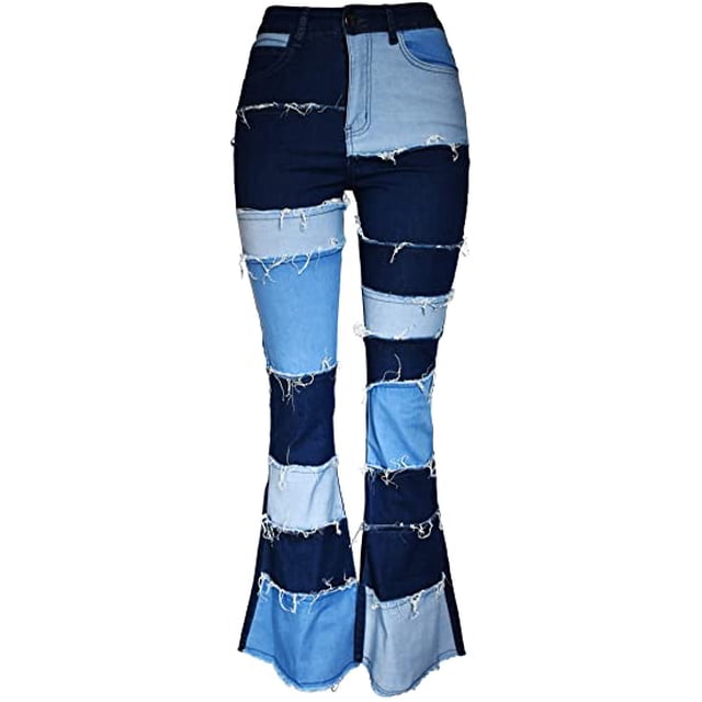 ZECATL Jeans Évasés à Empiècements pour Femmes, Pattes d'Éléphant, Ourlet Brut, Pantalon en Denim
