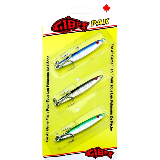 Gibbs Delta Minnow Trousse Gibbs Contenant Trois Leurres de Pêche de Couleurs Assorties avec Hameçons Triples, Affichés dans un Emballage en Plastique Transparent sur une Carte Jaune avec Image de Marque Gibbs et Feuille d'Érable Canadienne, Conçus pour le jigging, la Traîne Ou le Lancer pour Attraper Tous les Poissons.