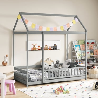 Gymax Twin Size House Bed w/ Roof & Full-length Safety Guardrail Playhouse Bed Frame White