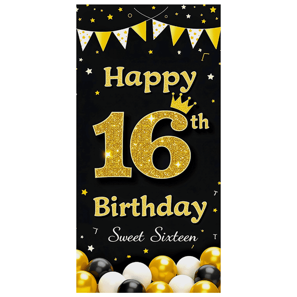Golden Glitter Sweet Sixteen Banner Stylish Decorative Party Backdrop for Teens Celebration Holiday