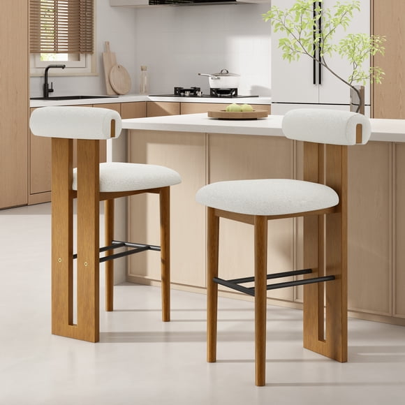 Tabouret de Bar Moderne d'Intérieur Renee avec Cadre en Bois de Caoutchouc Fini Noyer et Siège Rembourré Blanc, Ensemble de 2