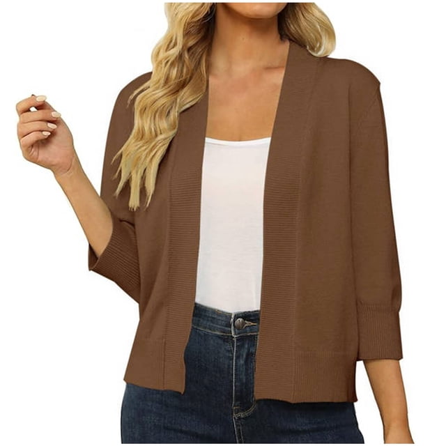 Pitauce Cardigan Court pour Femmes à Manches 3/4, Ouvert à l'Avant, Boléro Léger en Tricot, Shrug Cardigan