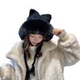 thumbnail image 1 of CNKOO Bonnet Patchwork à Franges Tricoté Oreilles de Chat Blanc Bord Moelleux pour Filles Automne Hiver, 1 of 10