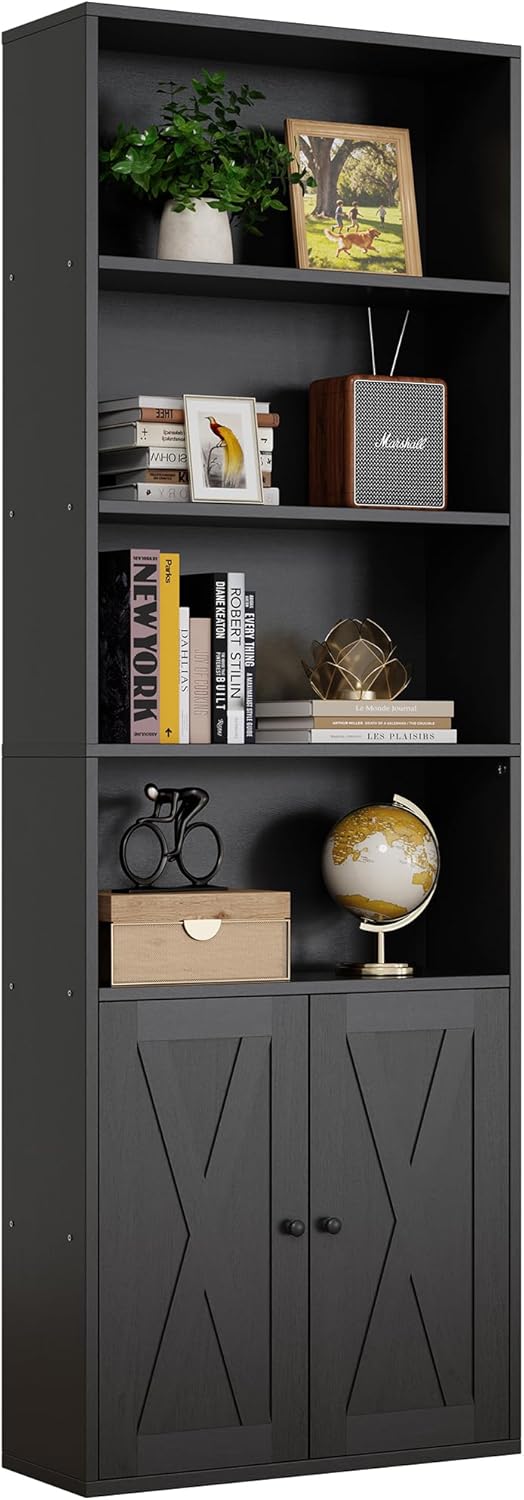 Industrial Bookshelf and Bookcase with Doors Floor Standing 6 Shelf Display Storage Rack 179cm High Bookcase Suitable for Home Office, Living Room (Black)
