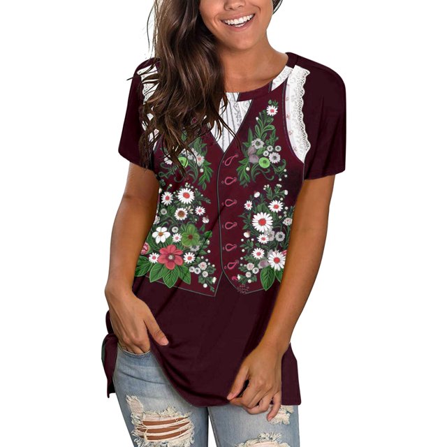 Kcodviy Femmes T-Shirts Confortables Imprimés T-Shirt de Compression Femmes Col Rond Manches Courtes Col Roulé Manches Longues T-Shirt Femmes Hauts Tee Tunique Blouse