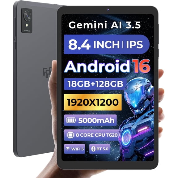 FPD Tablette 8 Pouces Android 16, Processeur Octa-Core Unisoc T620, FHD+ IPS, 6 Go RAM, Stockage 128 Go, Extensible 1 To, Wi-Fi 90 Hz, Gris