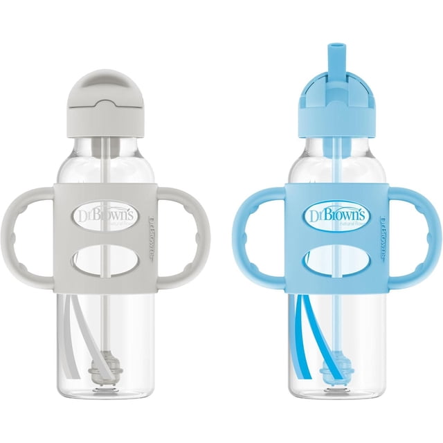Dr. Brown's Bouteille Étroite à Paille Sippy, Lot de 2, avec Couvercles Anti-Déversement et Pailles Pondérées 100 % silicone, avec Poignées en silicone Souple Grises et Bleues pour une Prise Facile, Convient aux Bébés de 6 Mois et Plus, 8 oz/250 ml Chacune.