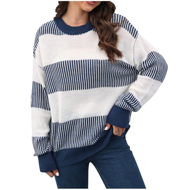 Fall Womens Sweaters Sweaters for Women Fall Color Block Stripe Long Sleeve Ribbed Knit Sweater Loose Crew Neck Soft Pullover Winter Clothes S-34 Blue S