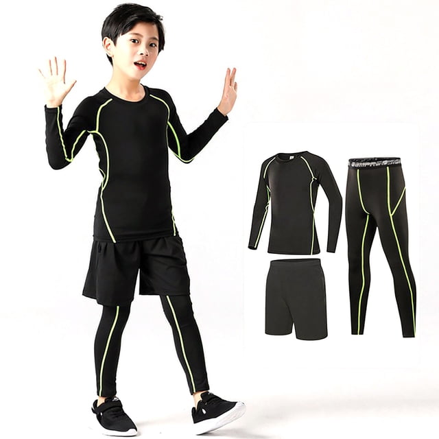PMVFHDE Chandail de Compression pour Garçons Jeunesse Athlétique à Manches Longues Maillot de Soccer sous-Vêtement de Soccer Couche de Base Haut Ensemble de 3 Pcs, Vert, 10-11 Ans