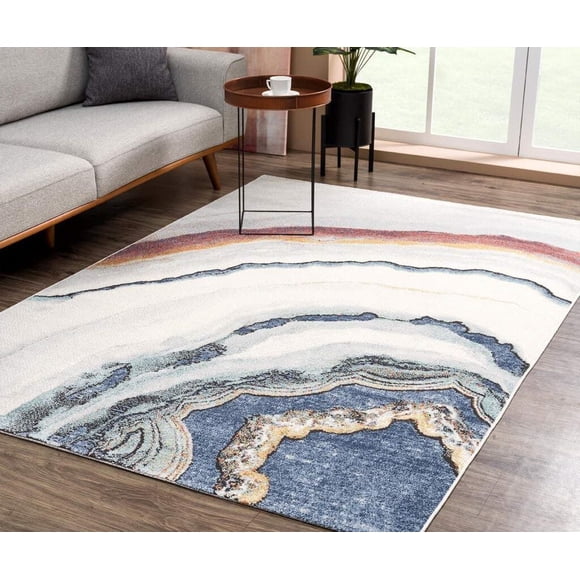 LaDole Rugs Turquoise Blue Ivory Red Marble Pattern Lava Modern Abstract Area Rug For Living Room Bedroom