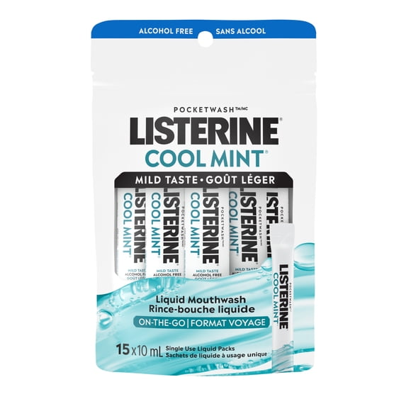 Listerine On-The-Go Alcohol Free Mouthwash Packets, Oral Rinse in Individual Packets Kills Bad Breath Bacteria, Cool Mint Flavor, Travel Size, 15 Pack