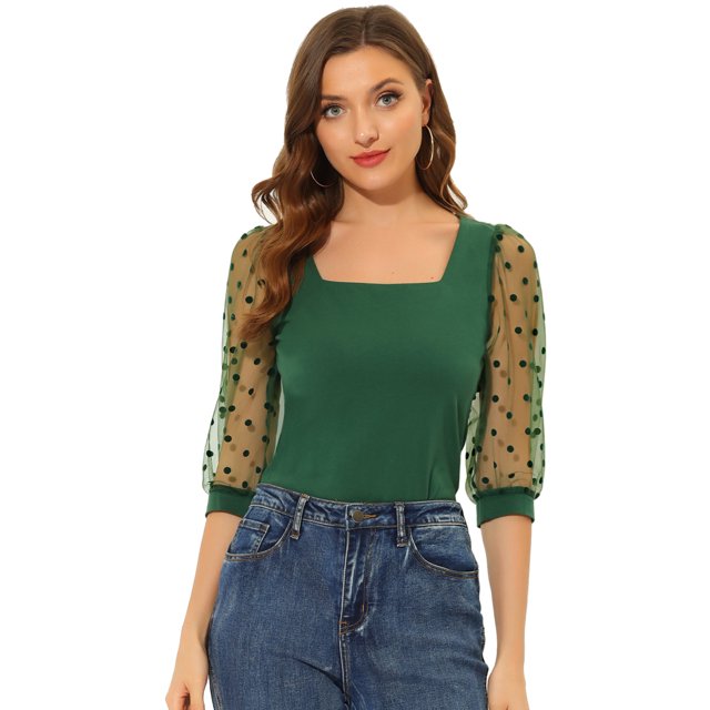 INSPIRE CHIC Hauts Décontractés pour Femmes à Encolure Carrée Manches 3/4 en Maille Vert Foncé TP