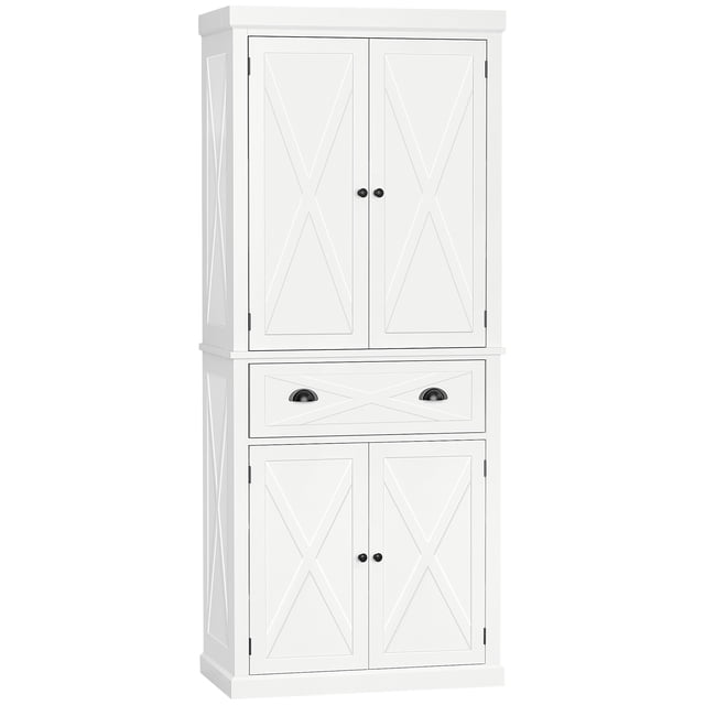 HOMCOM Garde-Manger de Cuisine, Buffet Autoportant avec 4 Portes, Blanc. Cette Armoire de Rangement Haute Comprend une Tablette à 6 Niveaux avec un Tiroir central, Deux Tablettes Ajustables et des Portes Magnétiques avec Poignées Rondes. Fabriquée en MDF et Panneau de Particules avec une surface Enduite de Mélamine pour Résistance aux Rayures et Nettoyage Facile. Dimensions : 30 Pouces de Large, 16 Pouces de Profondeur et 72,5 Pouces de Hauteur. Convient aux Cuisines, Salles à Manger Ou Bureaux à Domicile.