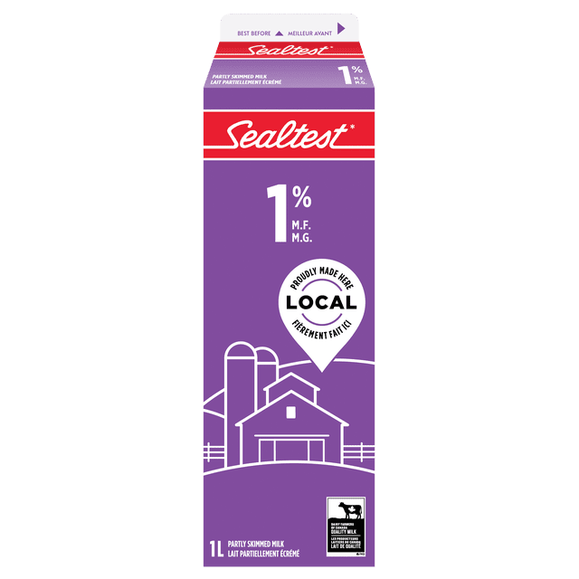 Sealtest carton de Lait Partiellement Écrémé 1 % en Violet et Rouge avec Texte Blanc, volume de 1 litre, Présentant une illustration de Ferme Laitière Canadienne Locale et une certification de Lait de Qualité. Ce Lait Partiellement Écrémé Est une Excellente source de calcium et de Vitamine D, Convient à la Consommation Quotidienne et Est Souvent Utilisé en Cuisine Ou en Pâtisserie.