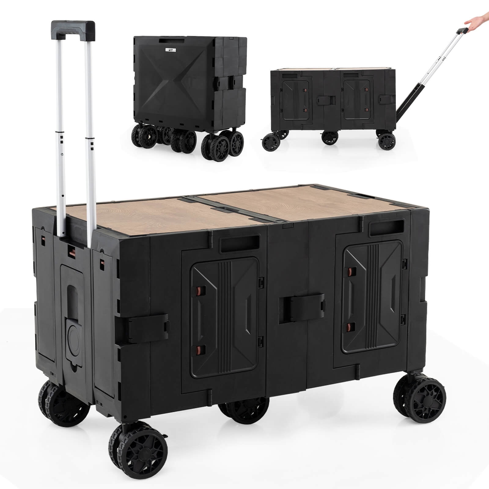 Costway Large Foldable Utility Cart with  2-Tier Storage Crates 5 Rotate Wheels Metal Black
