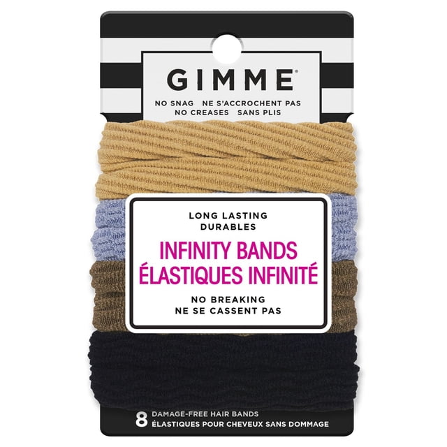 GIMME Infinity Hair Bands Textured 8CT includes eight seamless, textured hair bands in tan, light blue, brown, and black, designed for medium hair thickness with no snagging or creases, providing a firm, comfortable hold and long-lasting durability, also suitable for wearing on the wrist.