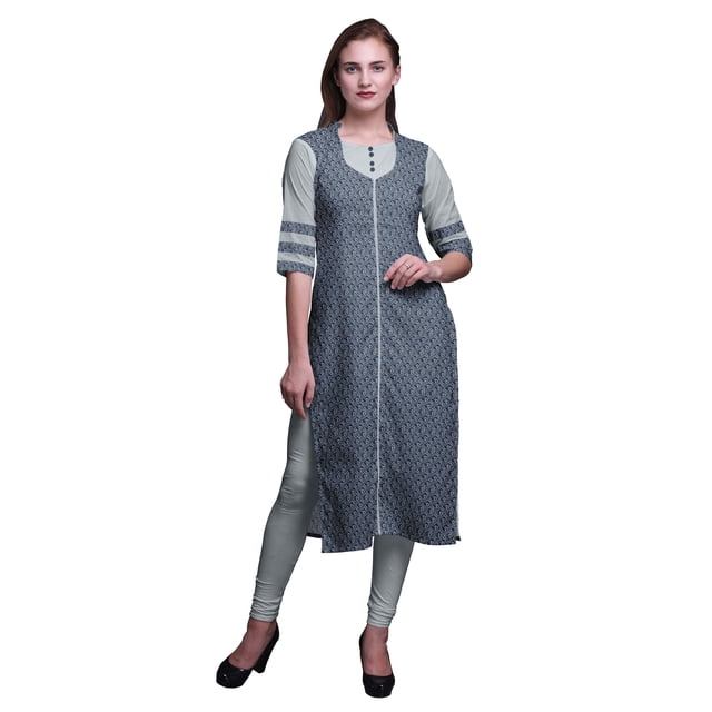 Bimba Kurti Droite en Rayonne Slub à Manches 3/4 Tunique Imprimée Haut Vêtements d'Été