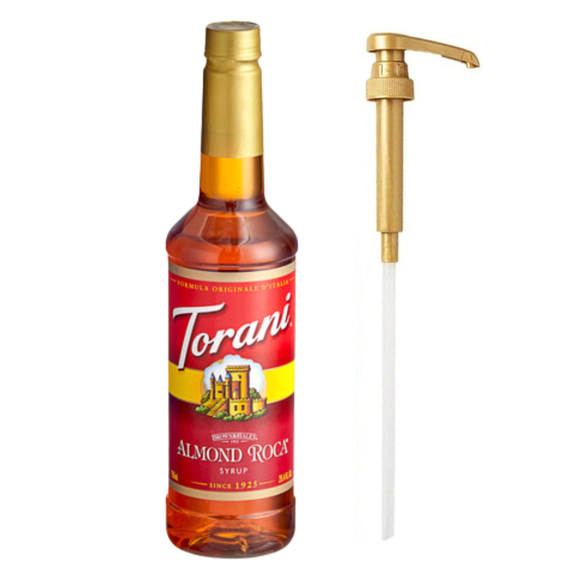 Torani Almond Roca Flavoring Syrup Plastic 750 mL Bonus Squeeze Pump – Premium Buttery Toffee, Roasted Almond & Chocolate Barista Café Syrup, Pure Cane Sugar Formula, Shatterproof PET Bottle