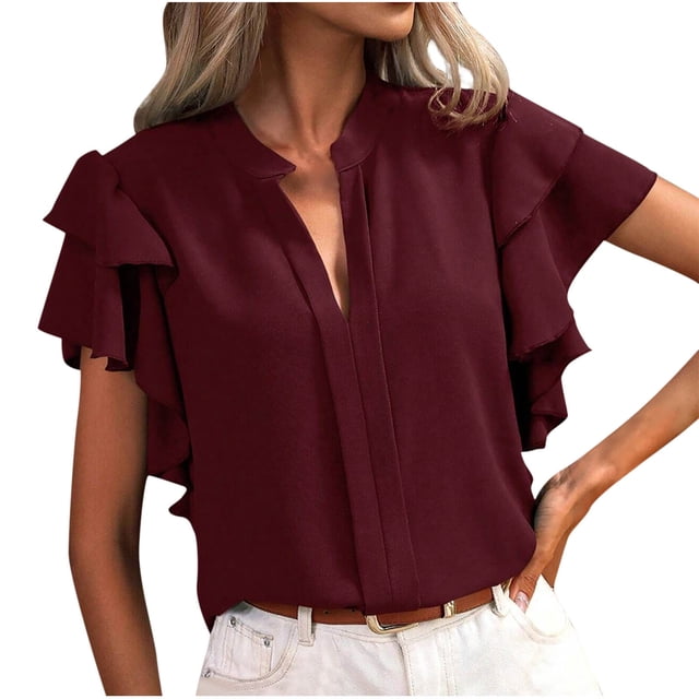 Dealovy Blouses for Women Dressy Double Layered Ruffle Short Sleeve Work Shirts V Neck Business Casual Top