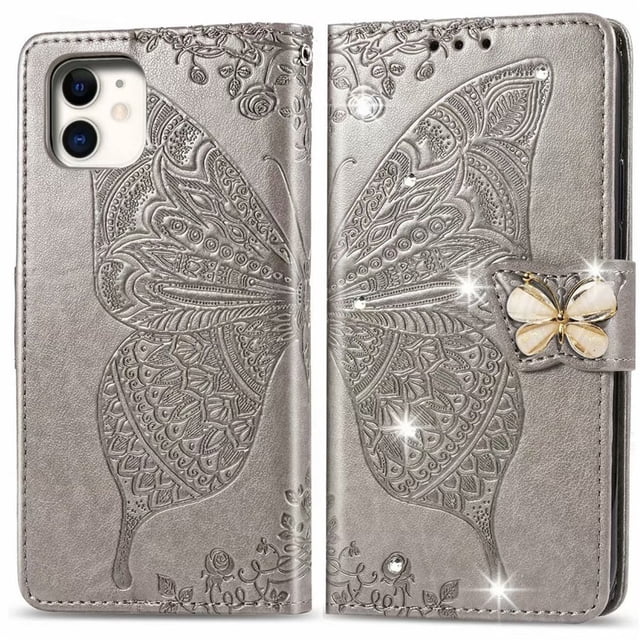 Wallet Case for iPhone 7plus/8 plus, PU Leather Flip Protective Phone Case Wrist Strap Card Slots Holder Pocket Emboss Butterfly Flower Stand Case for iPhone Grey