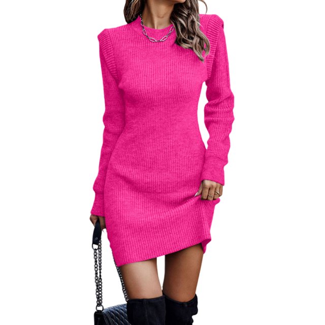 Innerwin Robe Chandail Col Rond Chandail pour Femmes Chandail d'Hiver Manches Longues Élégante Mini Robes Rose Rouge TG