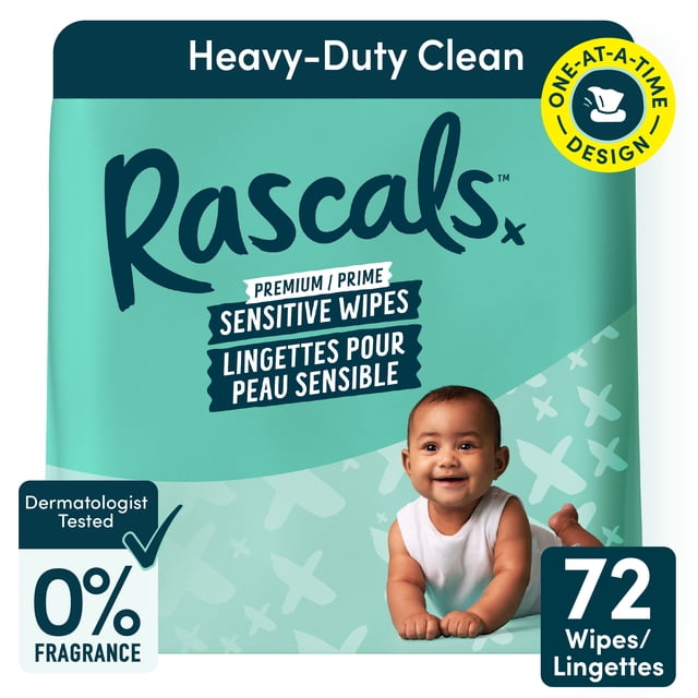 Rascals Premium Sensitive Alcohol Free Baby Wipes, Single Pack, 72 Count