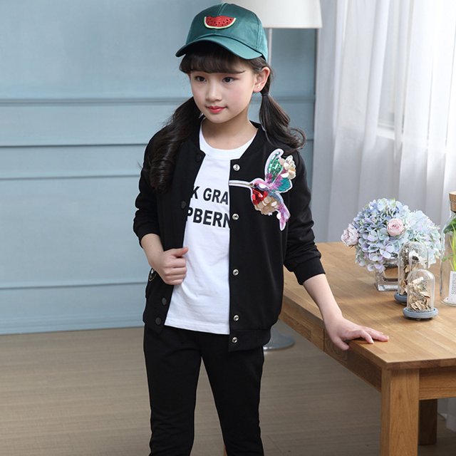 Kids Clothes Set Woodpecker Printed Long Sleeve Jacket & Pants for Girls