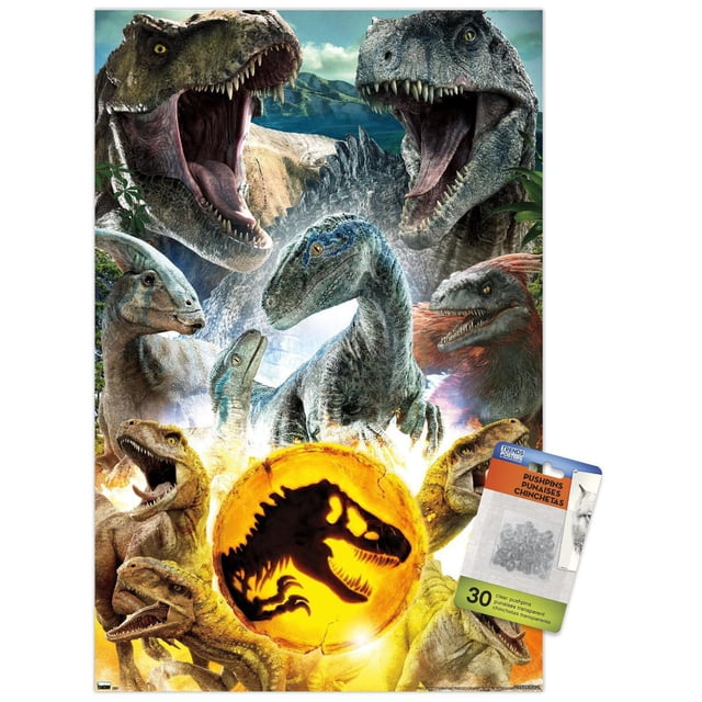 Jurassic World: Dominion - Group Wall Poster, 22.375" x 34", glossy high-resolution print featuring multiple dinosaurs including two roaring Tyrannosaurus rex, Velociraptors, Parasaurolophus, and Stegosaurus with a glowing orange Jurassic World logo at the center, easy to hang with included adhesive pushpins, suitable for bedroom or office wall décor.