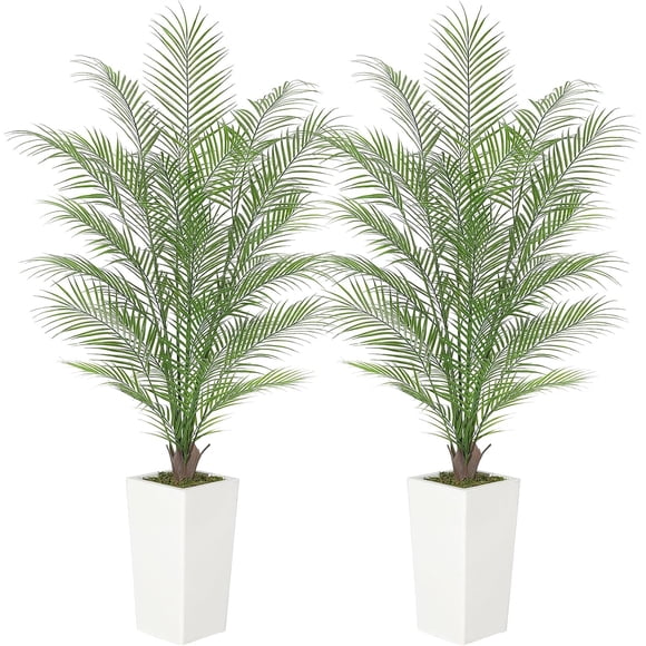 Artificial Areca Palm Tree 5 Ft Faux Palm with Cement Base Maintenance-Free Indoor Home Office 2-Pack White Pot