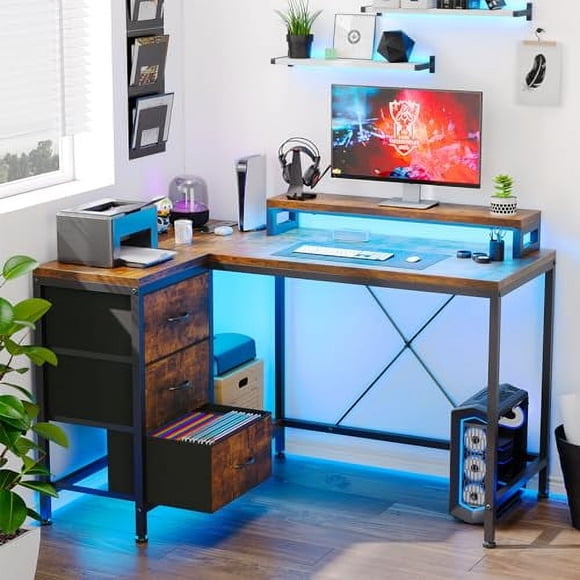 L-Shaped Desk with Power Socket and LED Light, Computer Desk with Drawers and Shelves, Corner Desk Game Desk Home Office Desk, (Black, White, Vintage, Pink Available)