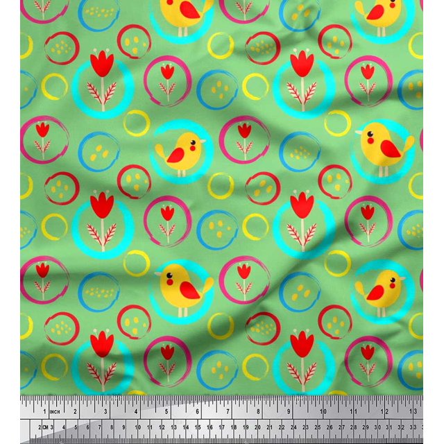 Soimoi Polyester Crepe Fabric Floral,Circle & Bird Artistic Print Sewing Fabric Yard 42 Inch Wide