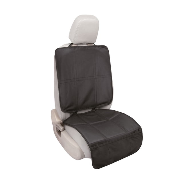 Ezi Tapis 3-en-1 Protecteur de Siège Auto Multifonction en Noir Installé sur un Siège Auto avant Gris Pâle, Couvrant le Dossier et le Coussin de Siège avec des Surpiqûres Renforcées et une Pochette Organisatrice en Maille, Facile à Installer avec des Sangles Ajustables, Idéal pour Protéger les Sièges et Ranger les Effets d'Enfant.