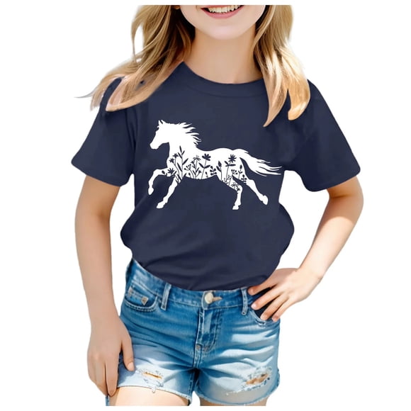 Akiihool Cute Clothes for Teen Girls Girls Short Sleeve Cotton Crew Neck T-Shirt Kids Plain Tees Tops Size (Navy,13-14 Years)