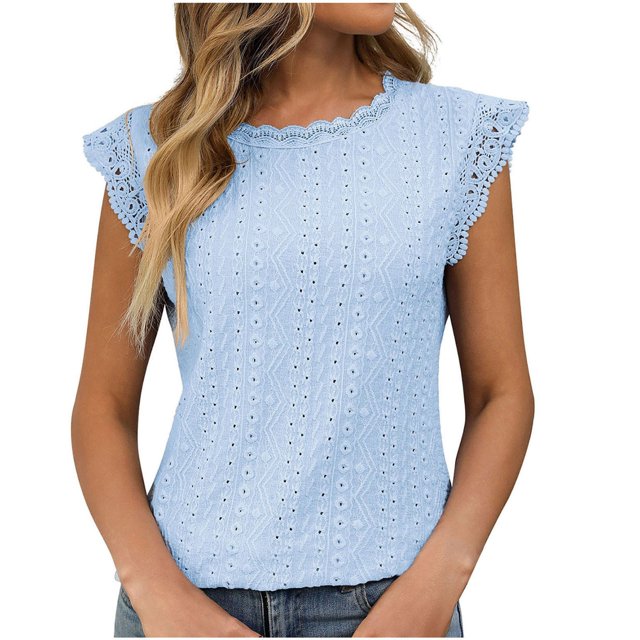 Timegard Camisole à Oeillets pour Femmes, Manches Courtes en Dentelle, Col Rond, T-Shirt d'Été Chic Décontracté, Tunique Confortable