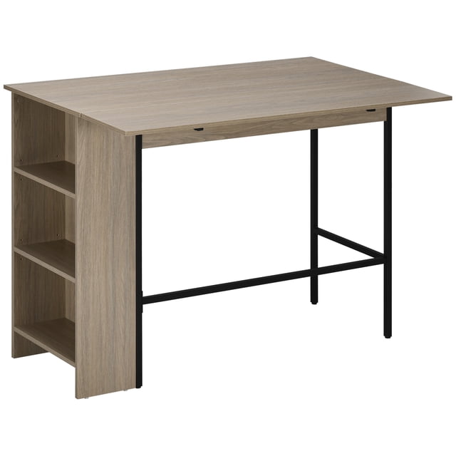 HOMCOM Extendable Bar Table in light grey with a modern design, featuring a wide tabletop and three-tier side shelves for storage. Made of particleboard and a robust steel frame, this counter-height table measures 47.2 inches long, 29.9 inches wide, and 36 inches high when extended. The table folds to 19.7 inches wide for compact storage. Suitable for bar chair seat heights of 24 to 27.2 inches. Ideal for entertaining or as a breakfast table.